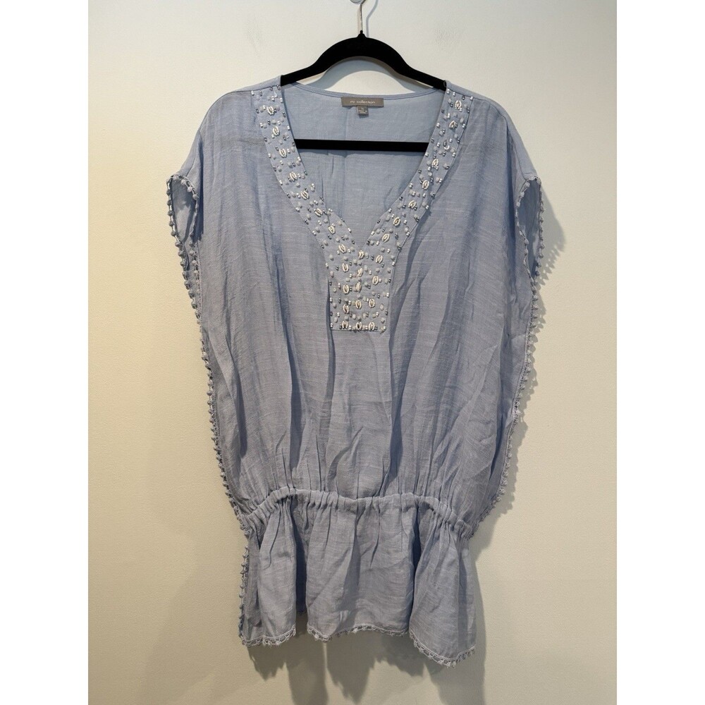 NY Collection Top XL Lightweight Beaded Cover Up Vacation Sheer Travel Beach